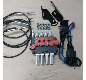 Гидрораспределитель 4 секции Р80 с 4мя плавающими Корейский на тросах и джойстиках комплек со штуцерами на МТЗ Гидрораспределитель 4 секции Р80 с 4мя плавающими Корейский на тросах и джойстиках комплек со штуцерами на МТЗ