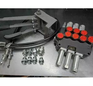 Гідророзподільник Р40 3 секції корейський із трьома плавальними секціями, тросом, блок важелів, штуцера на МТЗ Гідророзподільник Р40 3 секції корейський із трьома плавальними секціями, тросом, блок важелів, штуцера на МТЗ